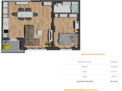 Apartament cu 2 camere|semifinisat|54.14 mp|zona Vivo